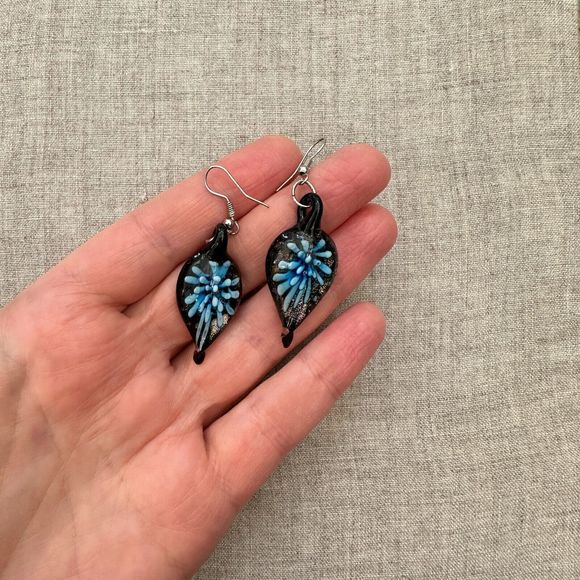 Artisan Lampwork Glass Teardrop Floral Dangle Earrings Black Blue Gold 2" - Picture 5 of 12